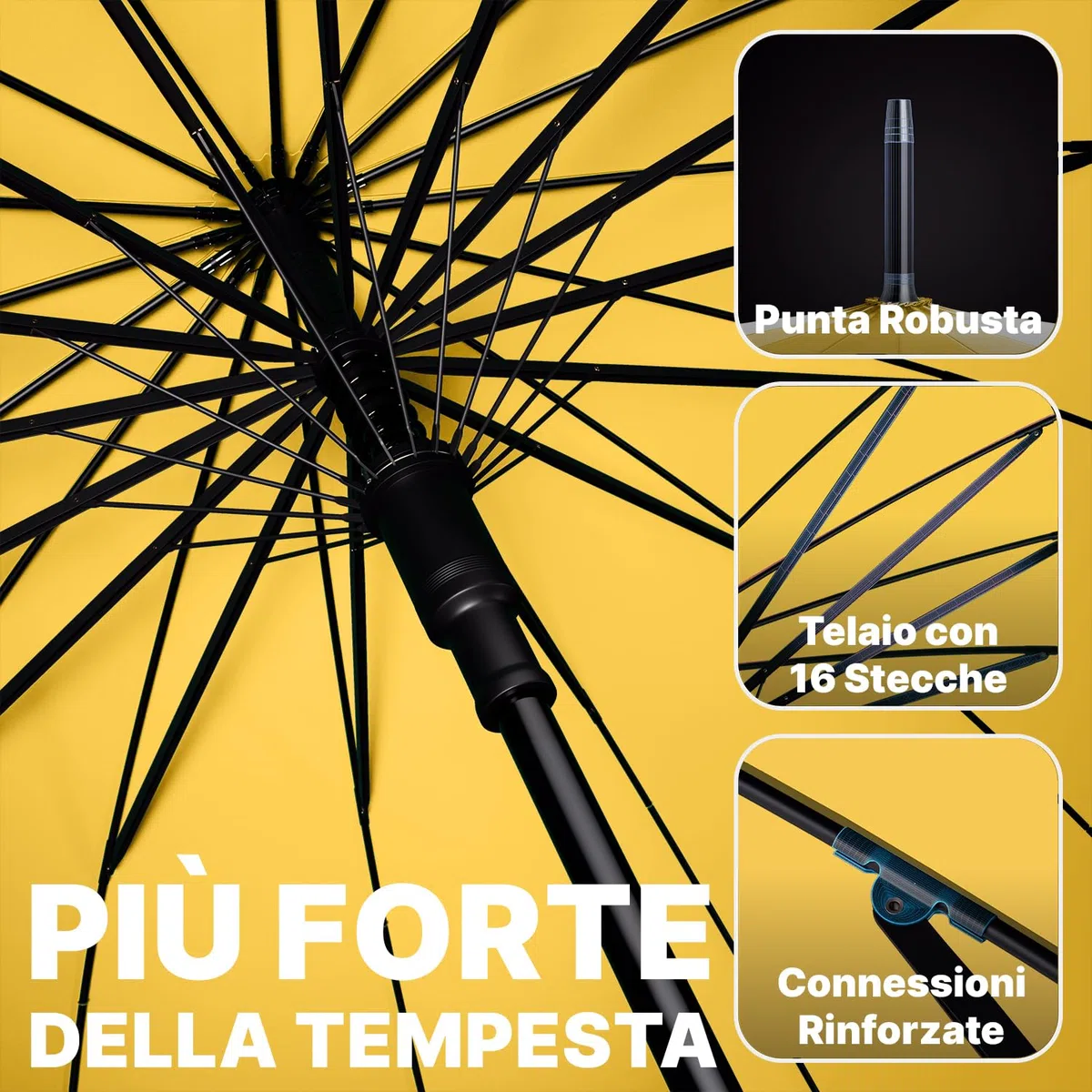 Royal Walk Ombrello Pioggia Antivento Grande 54 Pollici Ombrello Portatile Automatico Aperto Per 2 Persone Uomo Di Legno Leggero Resistente 16 Costole Golf Da Viaggio Impermeabile Robusto 120cm Giallo
