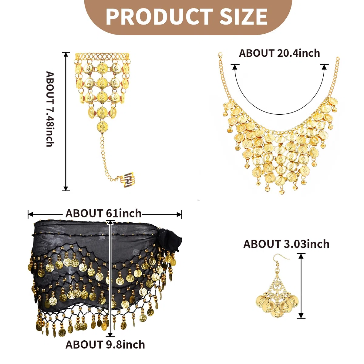 Baisdan 7 Pezzi Cintura di Danza del Ventre Donna Set, con Monete d'oro Orecchini, Collana, Braccialetti, Copricapo, Sciarpa Danza del Ventre per Halloween, Carnevale, Spettacoli