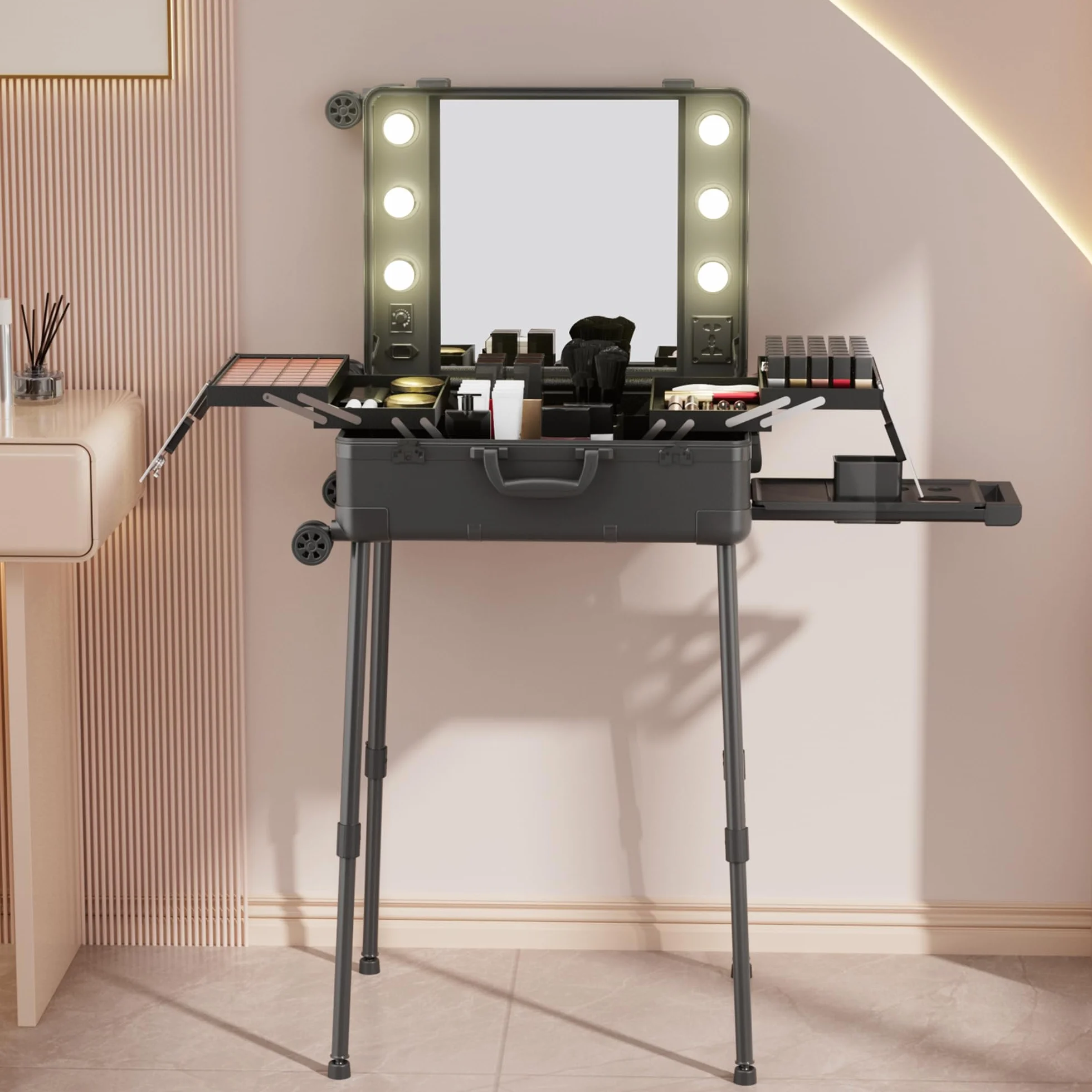 Valigia per il trucco con ruote in alluminio, grande specchio con 6 lampadine, organizzazione di cosmetici con serratura a codice, stazione per trousse trucco pieghevole per viaggio e studio
