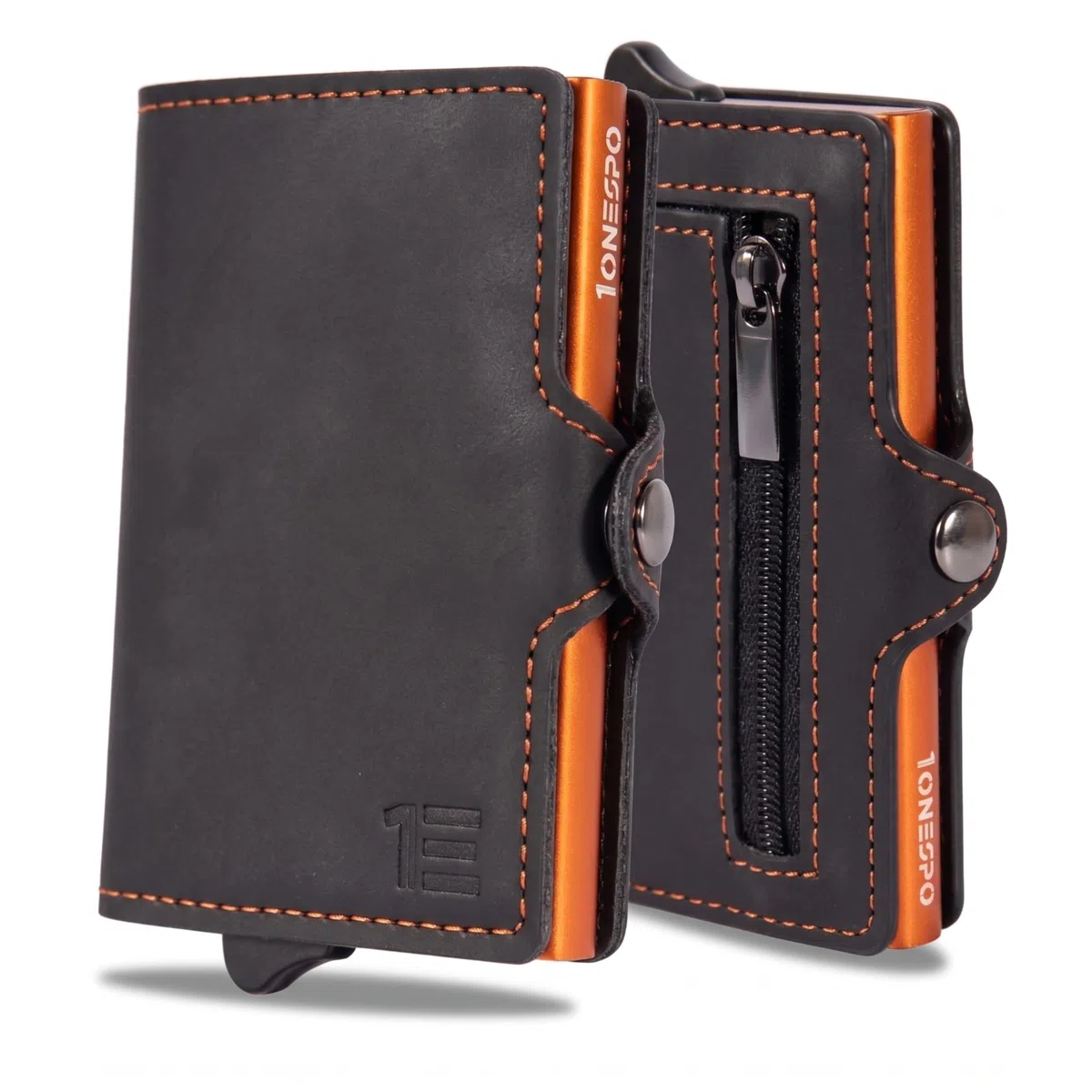 Porta Carte Uomo con portamonete e contanti - Portacarte Uomo - Porta Tessere Uomo tascabile protezione RFID, Nero-Arancione Vintage