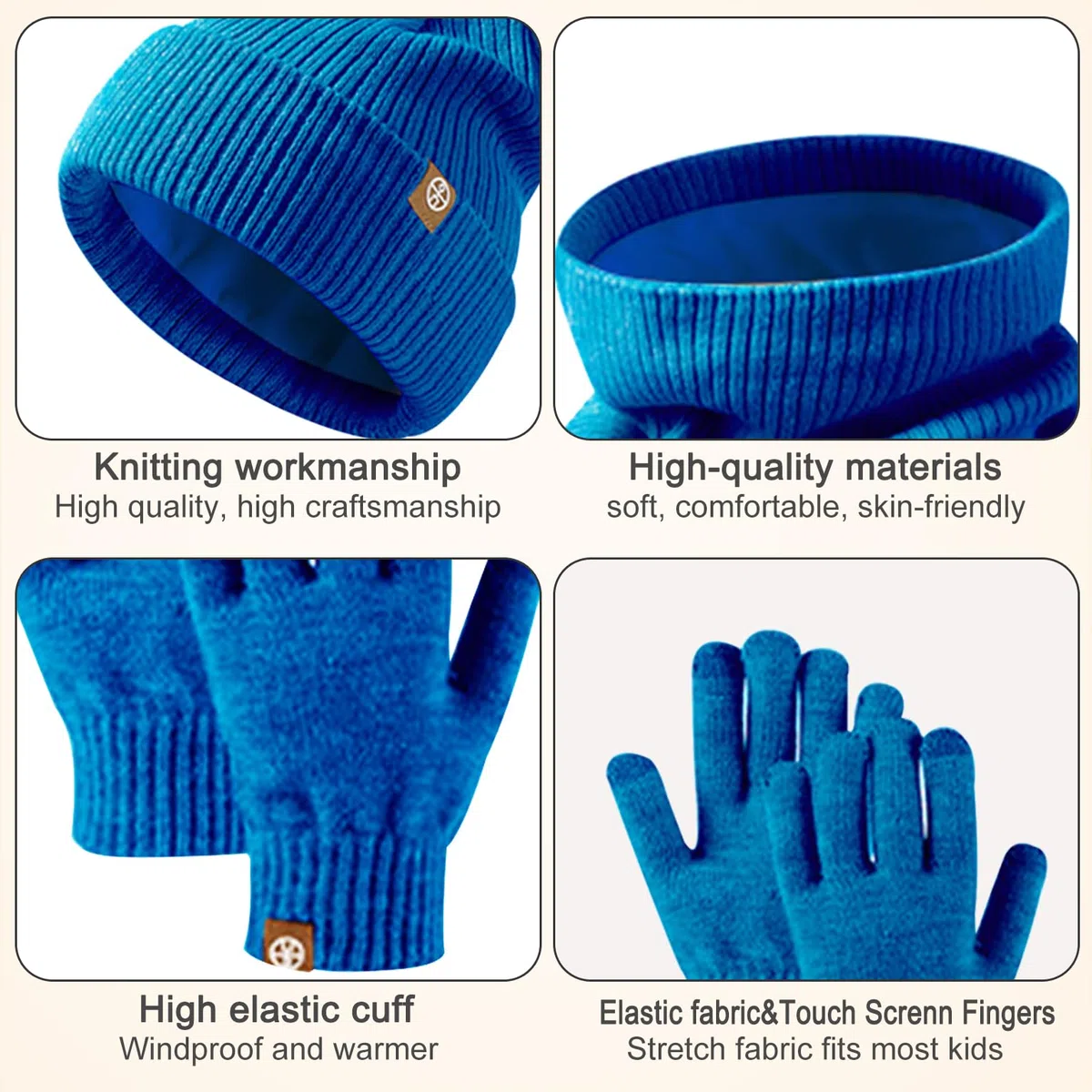 Enwokran Bambini Beanie Set di Guanti Sciarpa Cappello, 3 Pezzi Invernale Termico Berretto Caldo Scaldacollo Touch Screen Guanti per Ragazzo Ragazza 5-12 Anni Attività All'aperto