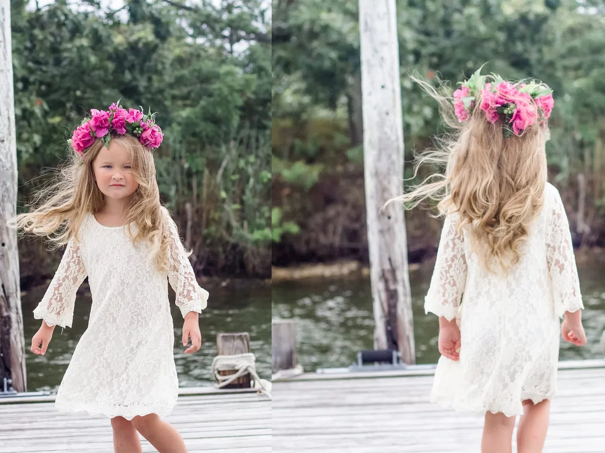 Vestito Bambina Elegante Fiori in Pizzo Natale Nozze Festa Damigella d'Onore 1-14 Anni