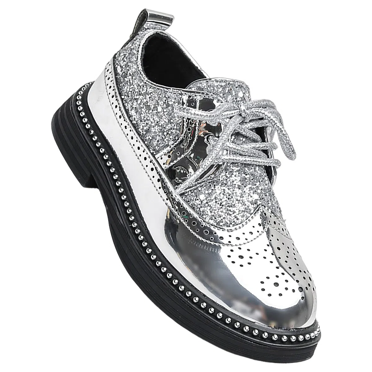rismart Ragazzi Ragazze Stringata Brogue Oxfords Punta Rotonda Scintillante Paillettes Scarpe da Vestito Formali