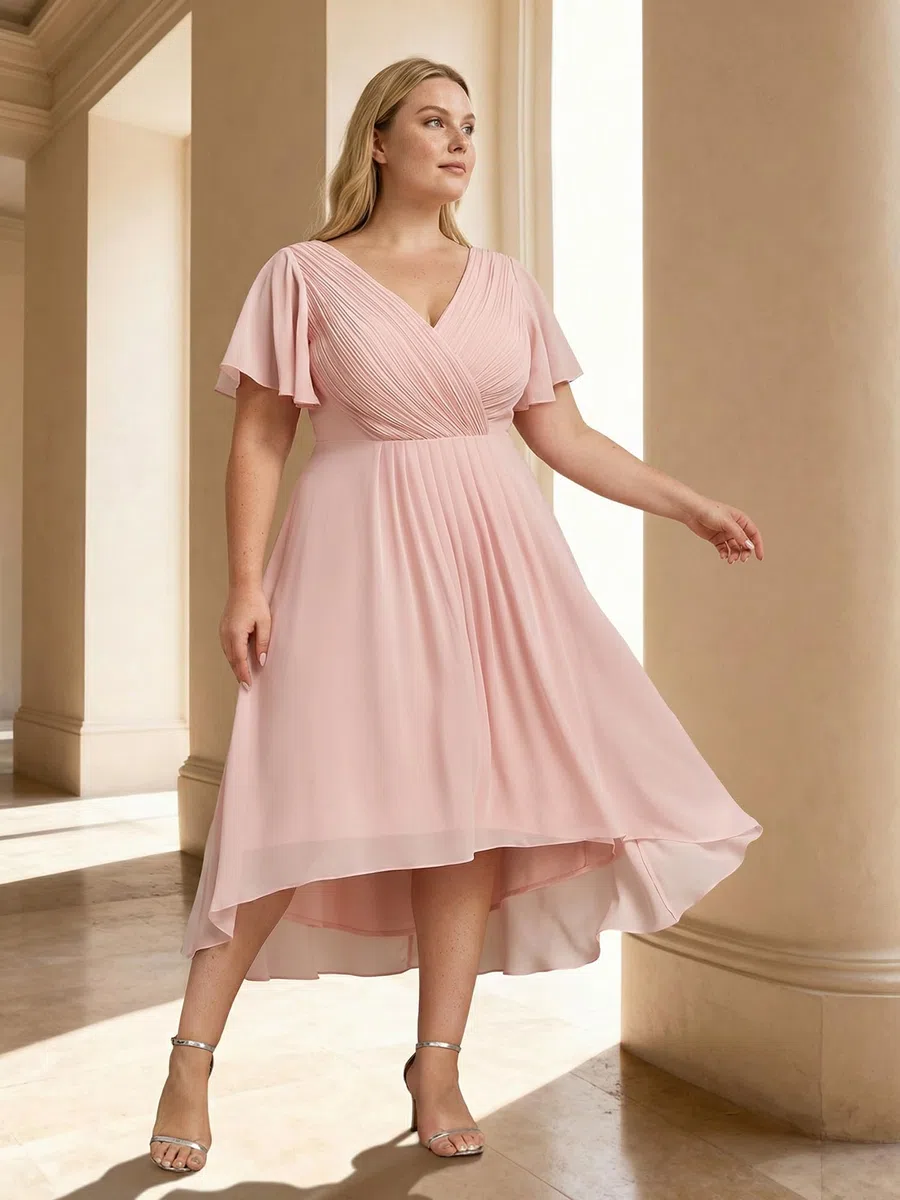 Ever-Pretty A Line V Neck Chiffon Maniche Corte Alto Basso Lunghezza Al Ginocchio Plus Size Abiti da sposa per le donne Curvy 01923-DA