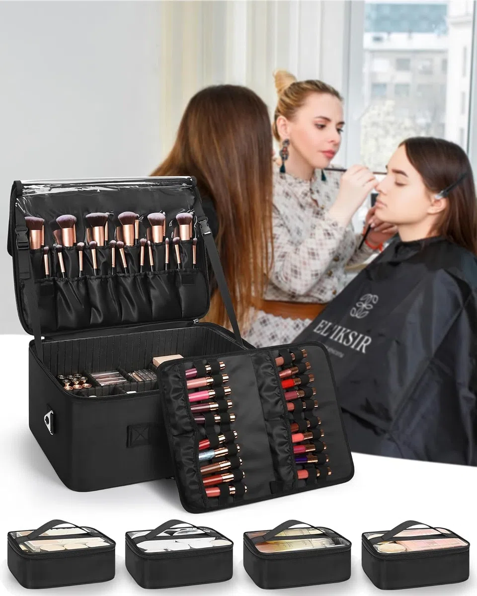 Relavel Valigetta da trucco XXL professionale organizer portapennelli 4 tasche trasparenti piastra rossetto tracolla scomparti regolabili