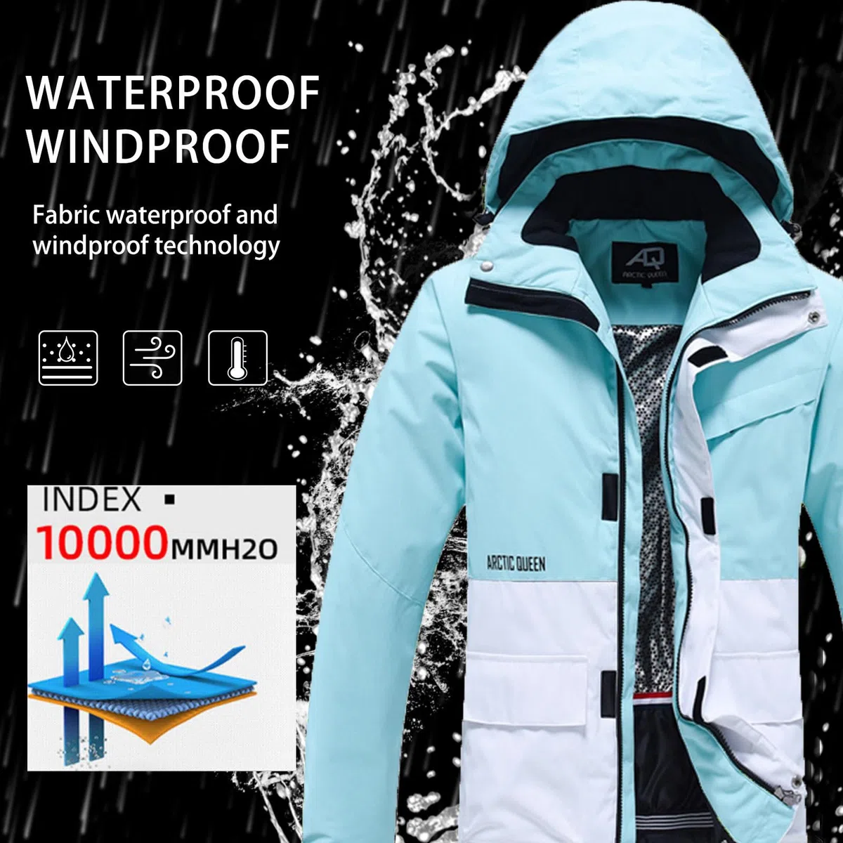 ALSOGO Giacca da sci da donna e pantaloni da sci, tuta da sci, 2 pezzi, tuta da neve, impermeabile, calda giacca invernale con cappuccio rimovibile, per sci, snowboard, pantaloni da neve
