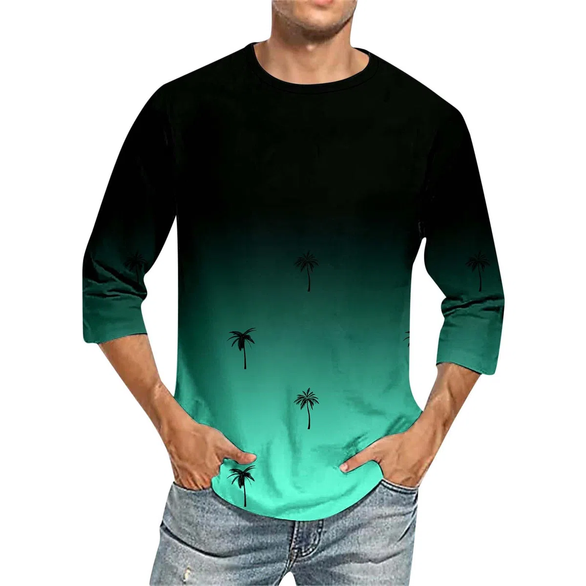 Maglietta da uomo a maniche a 3/4, alla moda, con scollo rotondo, estivo, da rugby, leggera, larga, traspirante, casual, da corsa