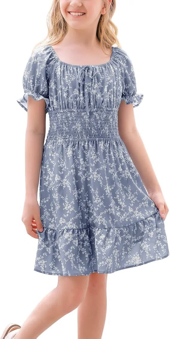 Haloumoning Vestito estivo da ragazza, a maniche corte, per bambini, con maniche a sbuffy, scollo quadrato, linea ad A, casual, per feste, matrimoni