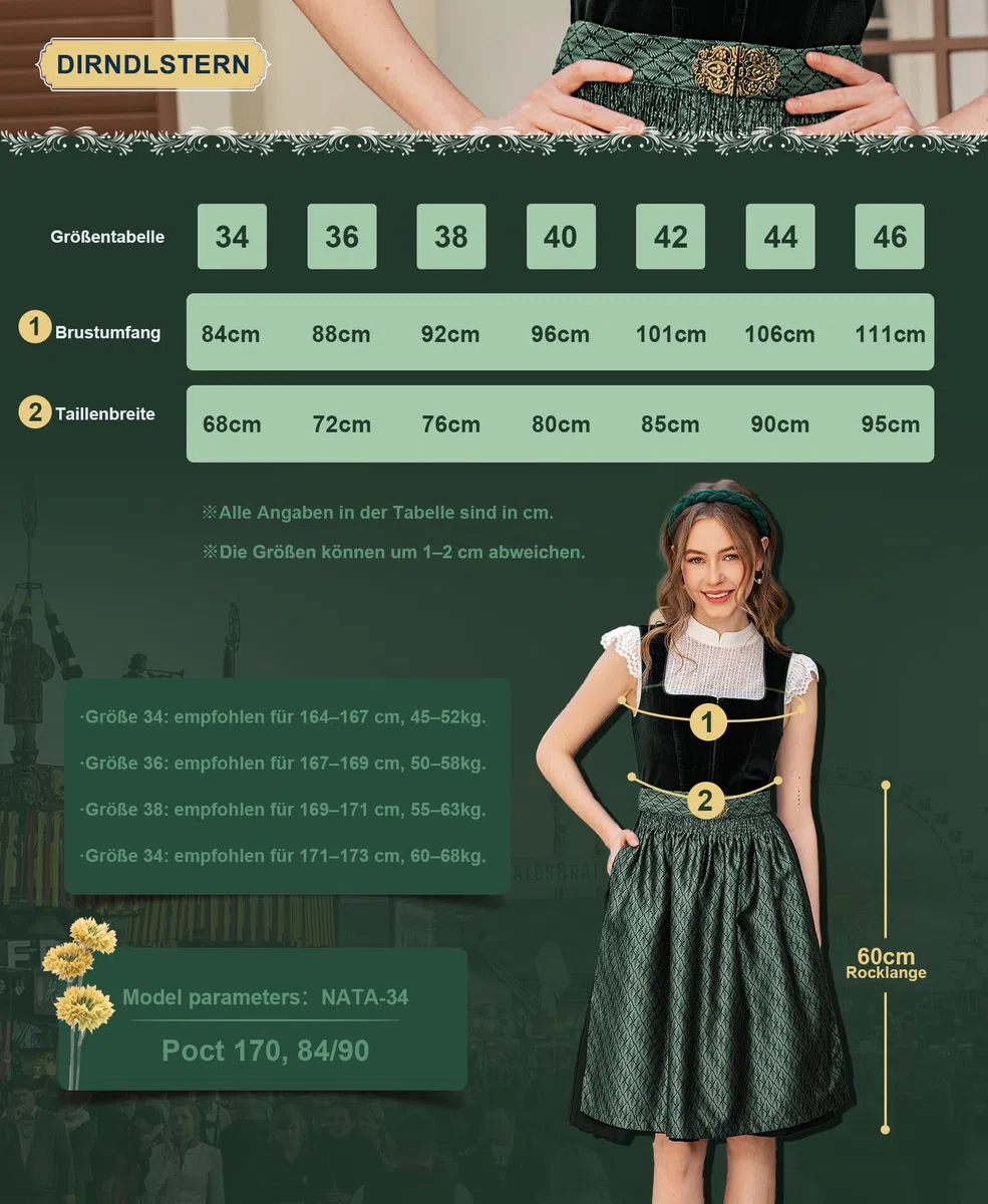 DIRNDLSTERN Dirndl Donna Oktoberfest Costume - Midi Bavarese Abito Costumi Tradizionale Germandress Verde