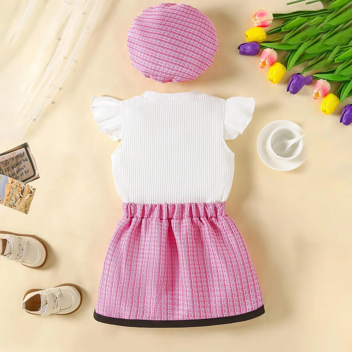 Abbigliamento Bambina Vestiti Set Maniche a Balze a Coste Top con Papillon + Elegante Minigonna a Quadri in Tweed + Basco 3 Pezzi Estivo Completo