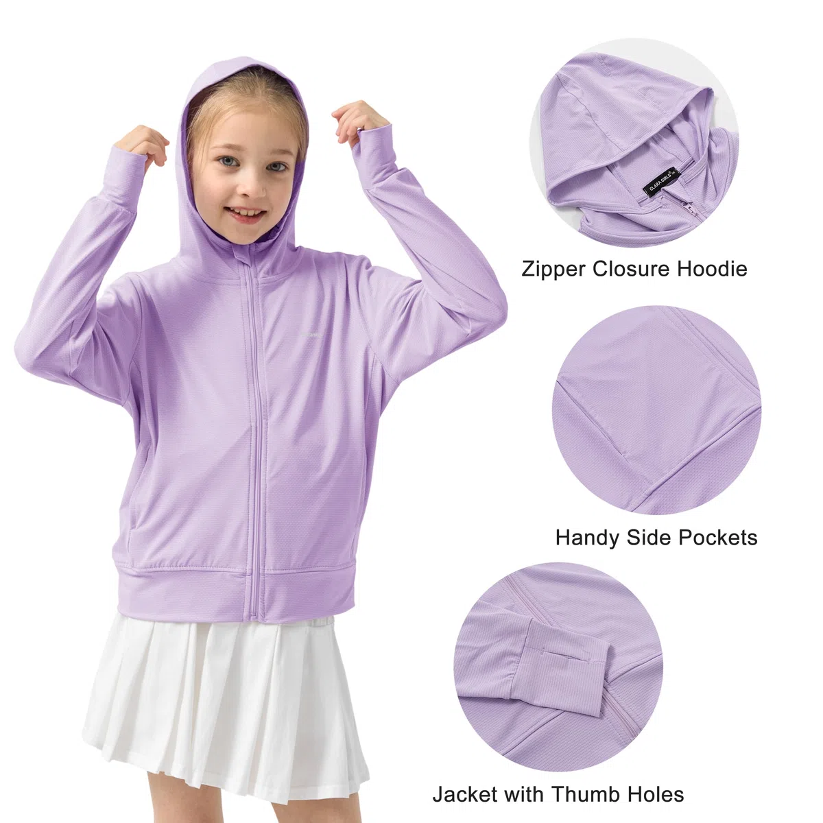 Rolanko Giacca Estiva per Ragazze con Fori per i Pollici Manica Lunga Protezione Solare Asciugatura Rapida Felpa con Cappuccio con Cerniera Top Rash Guard per Bambini