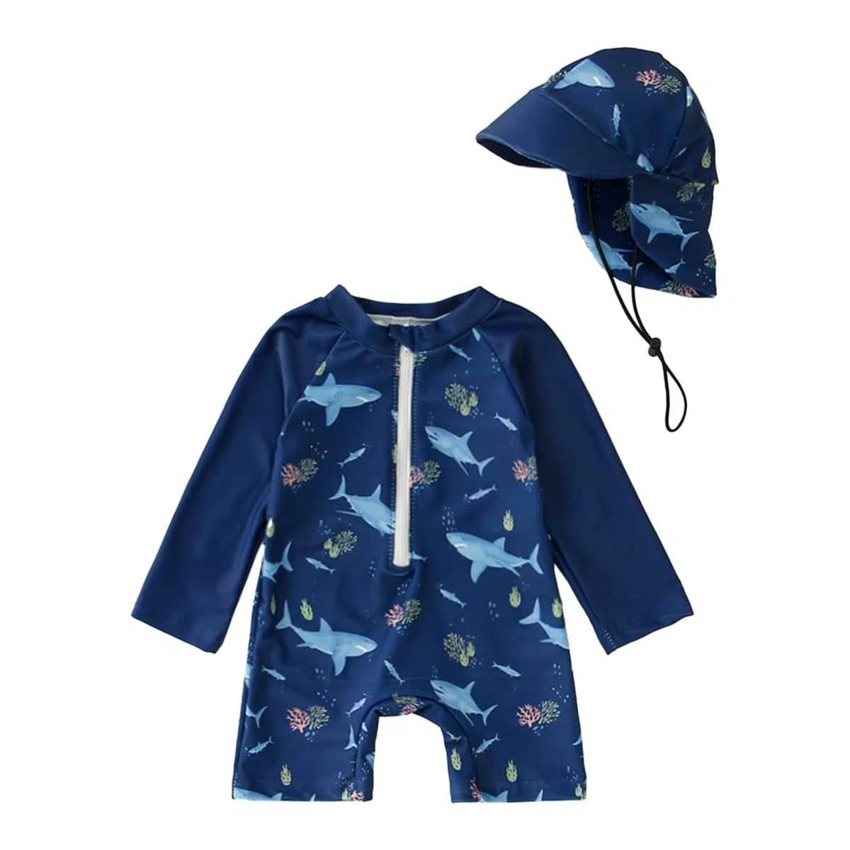 Rashguard - Costume da bagno con stampa a maniche lunghe, con chiusura lampo, 2 pezzi, dinosauro/squalo, con cappello da sole