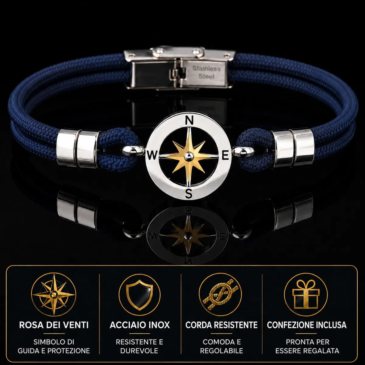 SAGA GIOIELLI® Bracciale Uomo Rosa Dei Venti Moda Nautica Acciaio