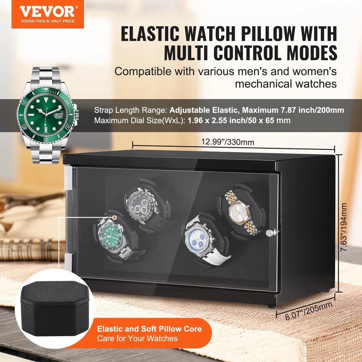 VEVOR Caricaorologi, Caricaorologi per 4 orologi automatici da uomo e da donna, con 2 motori giapponesi super silenziosi, luce LED blu e adattatore, guscio ad alta densità e PU nero