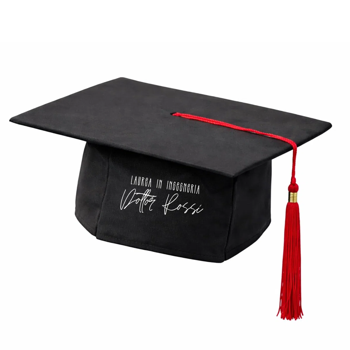 D&Vlab Tocco Cappello Festa di Laurea per Uomo Donna con Nappa Personalizzato con Cognome e Facoltà - Berretto Laureato Nero e Rosso in Medicina Laureato Ingegneria