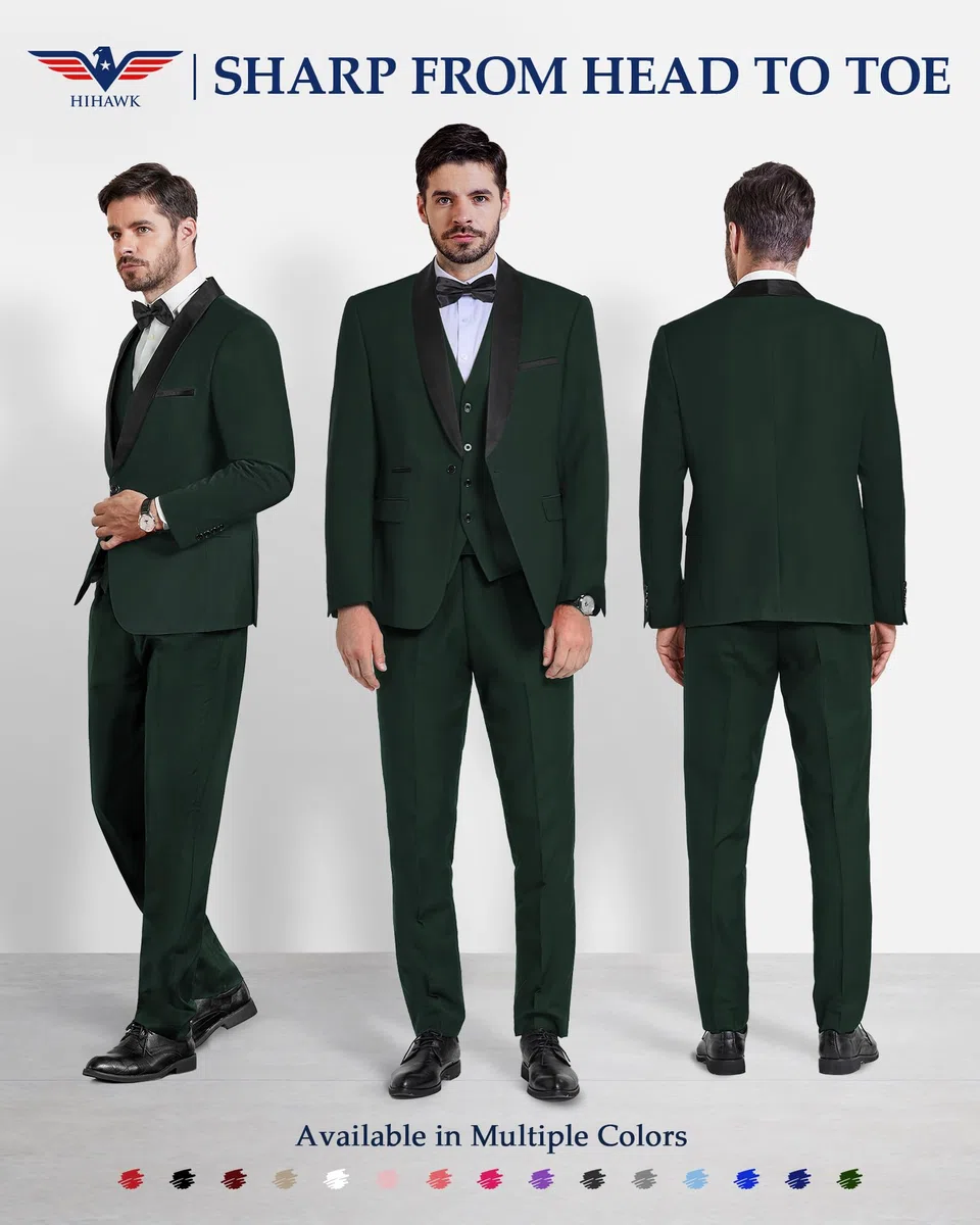 Hihawk Set da smoking da uomo in 3 pezzi con papillon, scialle con bottone e risvolto, giacca e pantaloni, vestibilità aderente, per feste, matrimoni, balli di fine anno