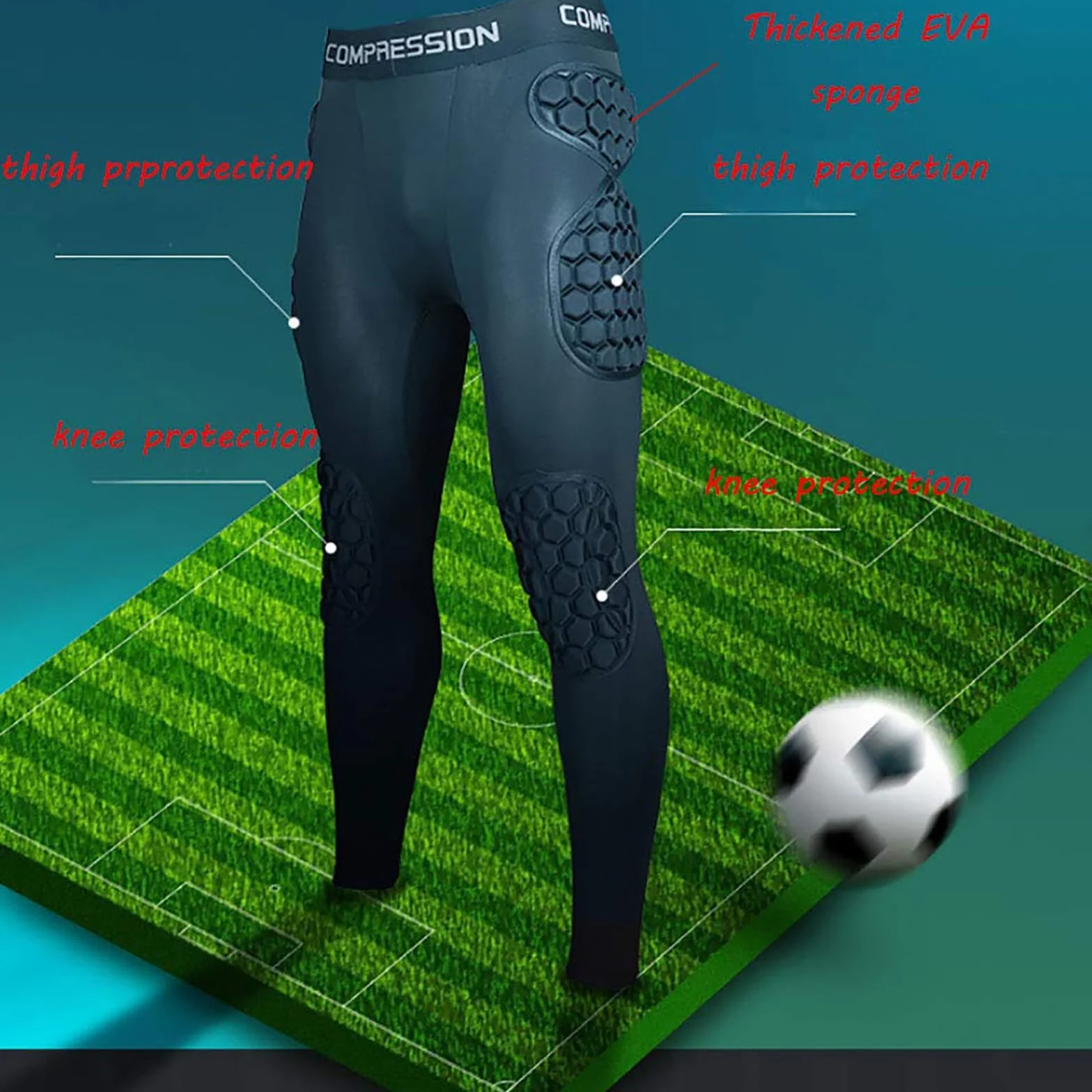 Pantaloni da calcio imbottiti e ammortizzanti con cuscinetti a nido d'ape, leggings integrati da uomo, pantaloni da portiere di protezione per una protezione completa