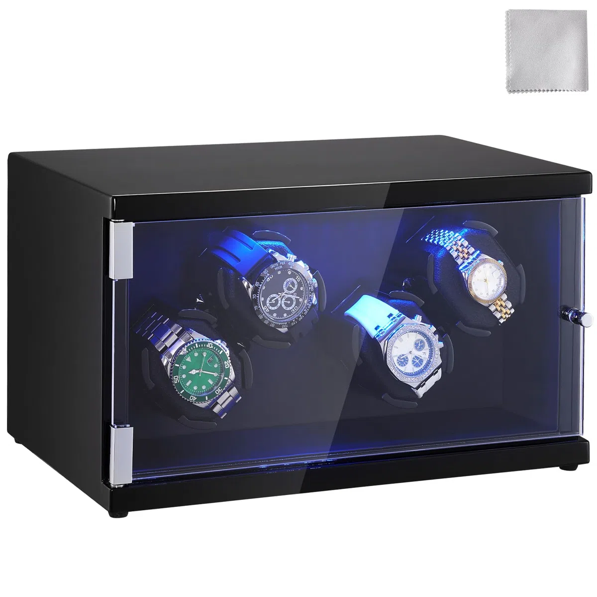 VEVOR Caricaorologi, Caricaorologi per 4 orologi automatici da uomo e da donna, con 2 motori giapponesi super silenziosi, luce LED blu e adattatore, guscio ad alta densità e PU nero