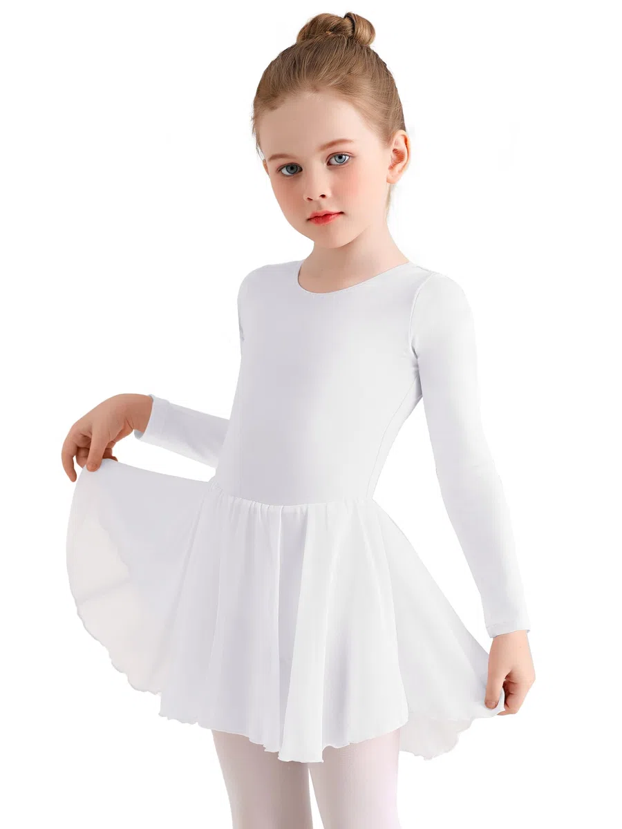 Ragazza Vestito da Balletto Vestito Danza Tutu Body Ginnastica Cotone Manica Lunga con Chiffon Gonna Adatto all'età 2-11 Anni