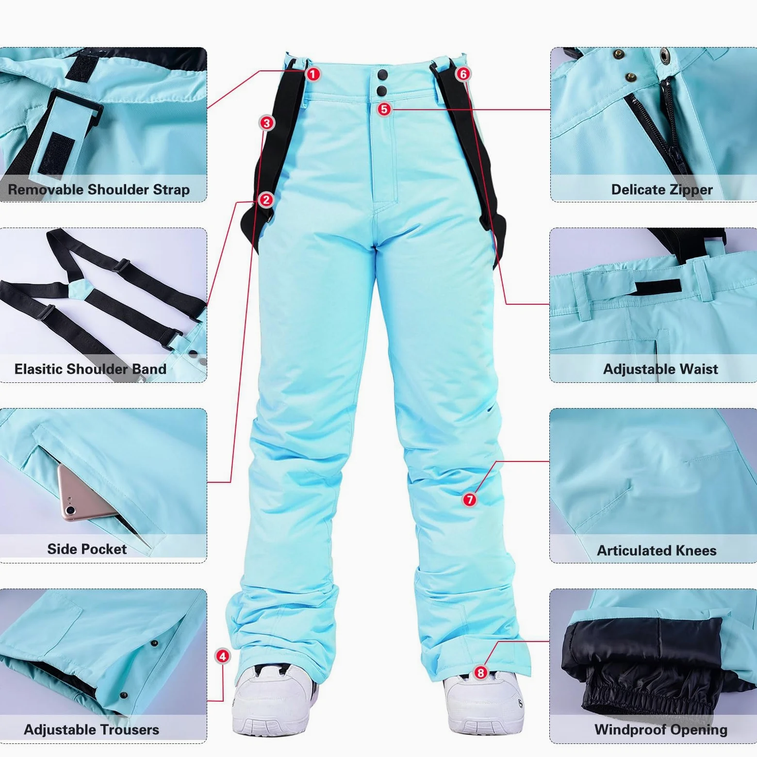 ALSOGO Giacca da sci da donna e pantaloni da sci, tuta da sci, 2 pezzi, tuta da neve, impermeabile, calda giacca invernale con cappuccio rimovibile, per sci, snowboard, pantaloni da neve