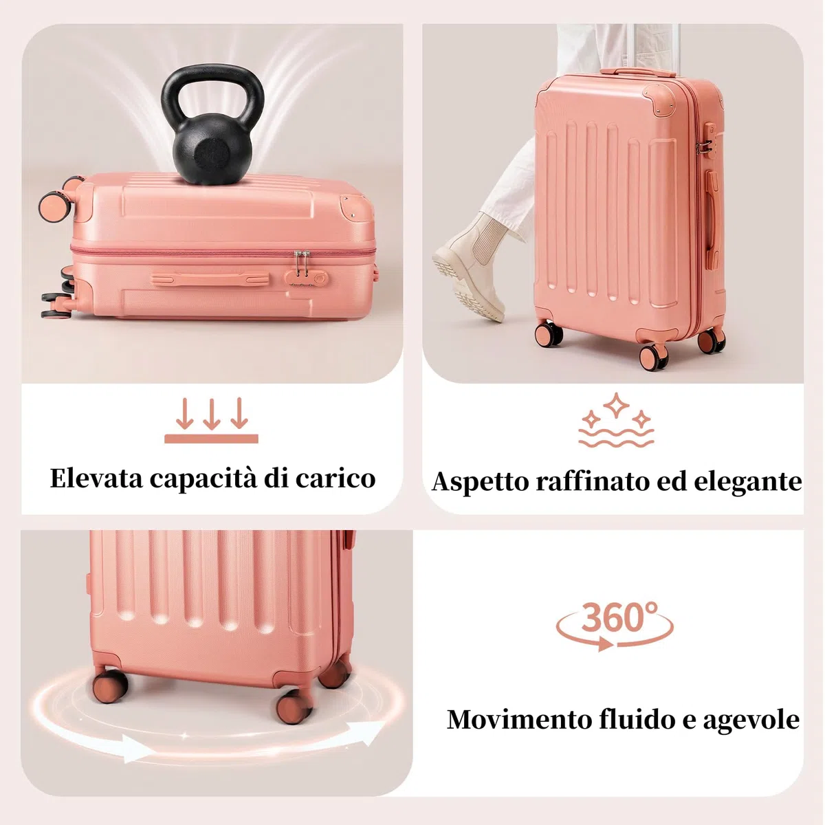 LEADZM Set di Valigie Rigide 4 Pezzi, Set Valigie con Rinforzi Angolari, Luggage Suitcase Grande 23 kg in ABS (Rosa oro)