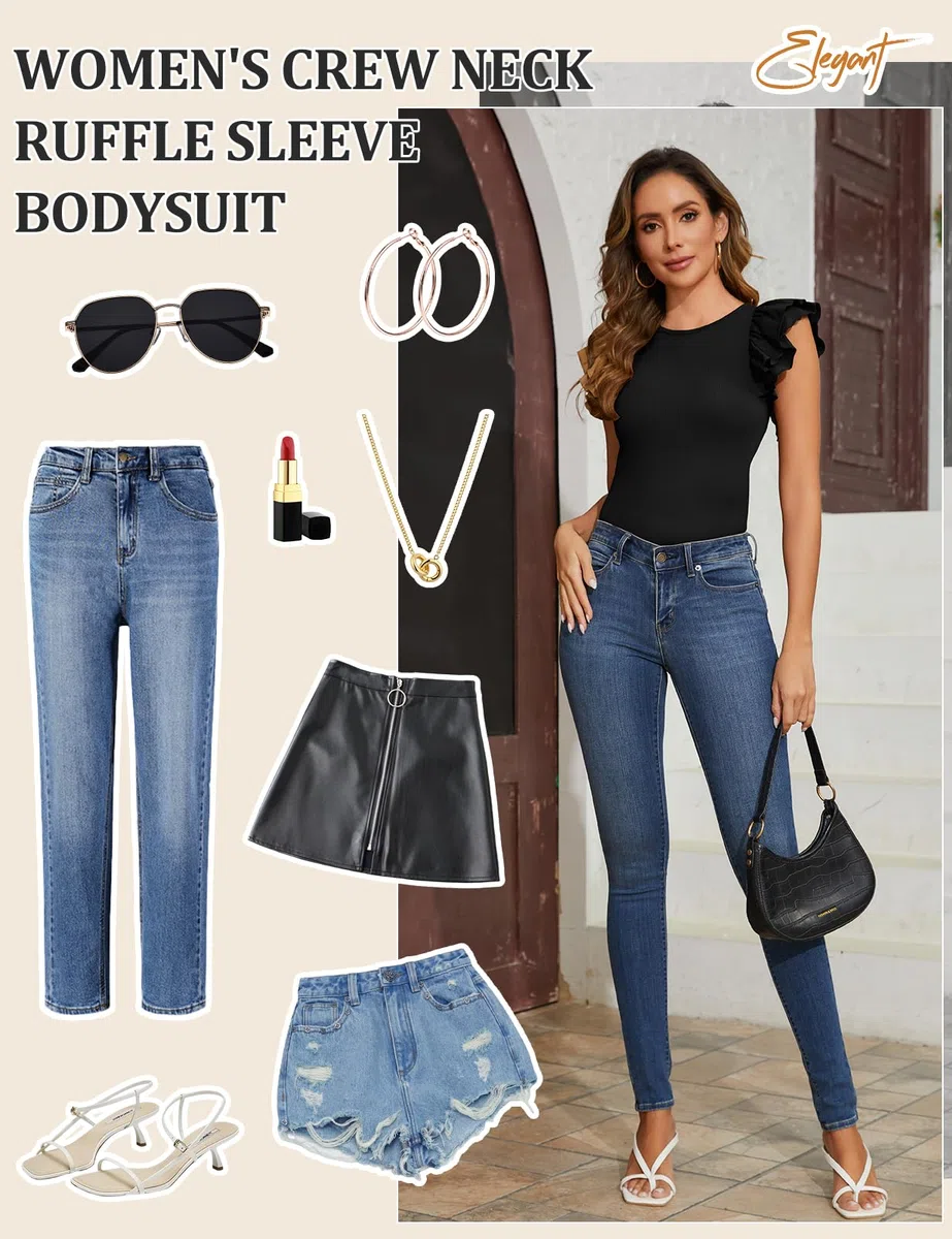 Vancavoo Body Donna Elegante Manica Corte Bodysuit Scollo Rotondo Top con Volant Elastico Body a Perizoma T-Shirt