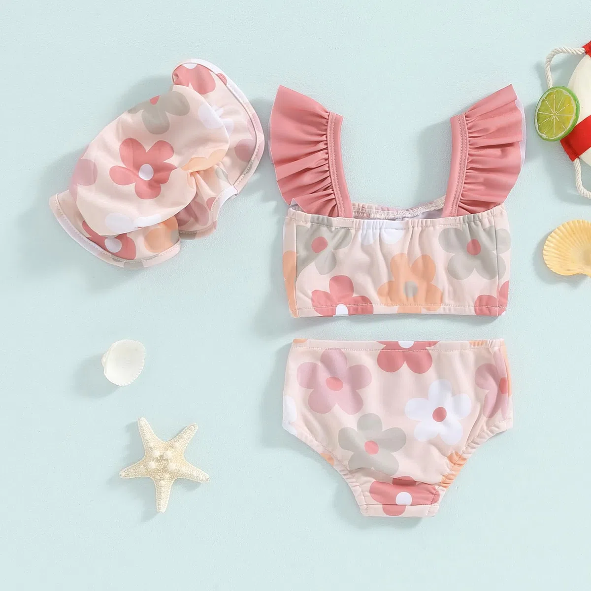 Carolilly Costume da Bagno Neonata 3 Pezzi Bikini Bambina Stampa Floreale Swimsuit Top con Maniche Volant+Pantaloncini da Bagno+Cappello da Bagno