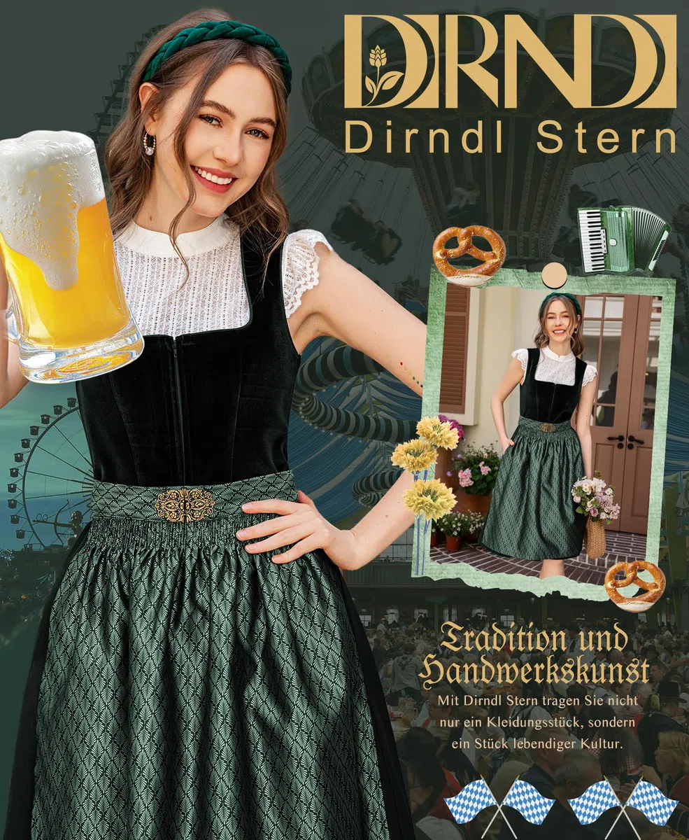 DIRNDLSTERN Dirndl Donna Oktoberfest Costume - Midi Bavarese Abito Costumi Tradizionale Germandress Verde