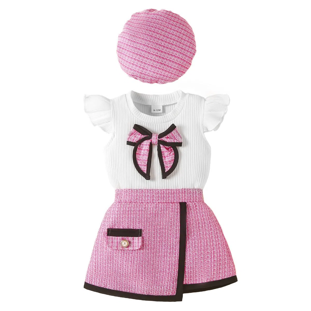 Abbigliamento Bambina Vestiti Set Maniche a Balze a Coste Top con Papillon + Elegante Minigonna a Quadri in Tweed + Basco 3 Pezzi Estivo Completo
