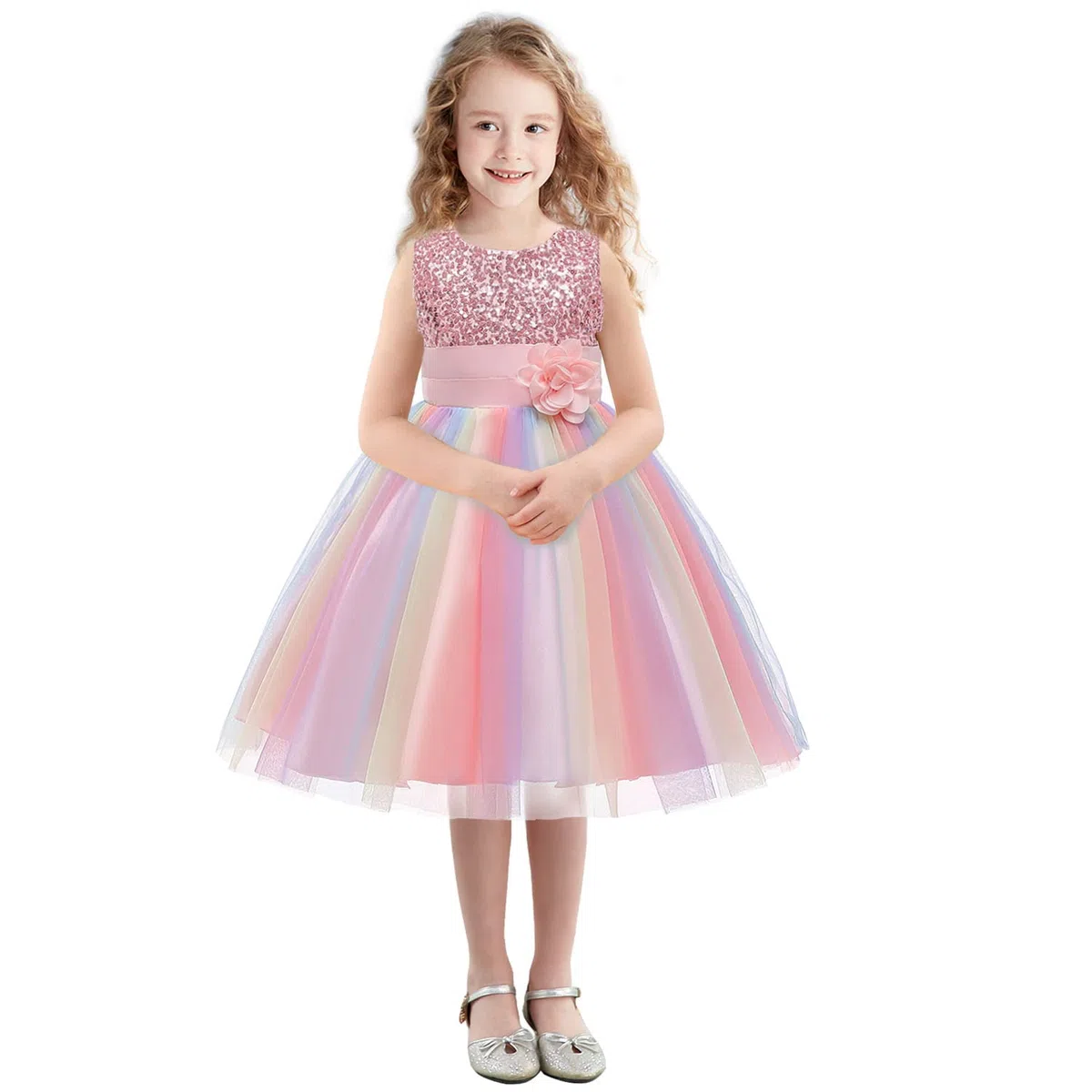 M Muncaso Abito da principessa per bambine con paillettes, tulle, arcobaleno, abito formale per feste di compleanno, matrimoni, damigelle d'onore, abito da sera per bambini piccoli