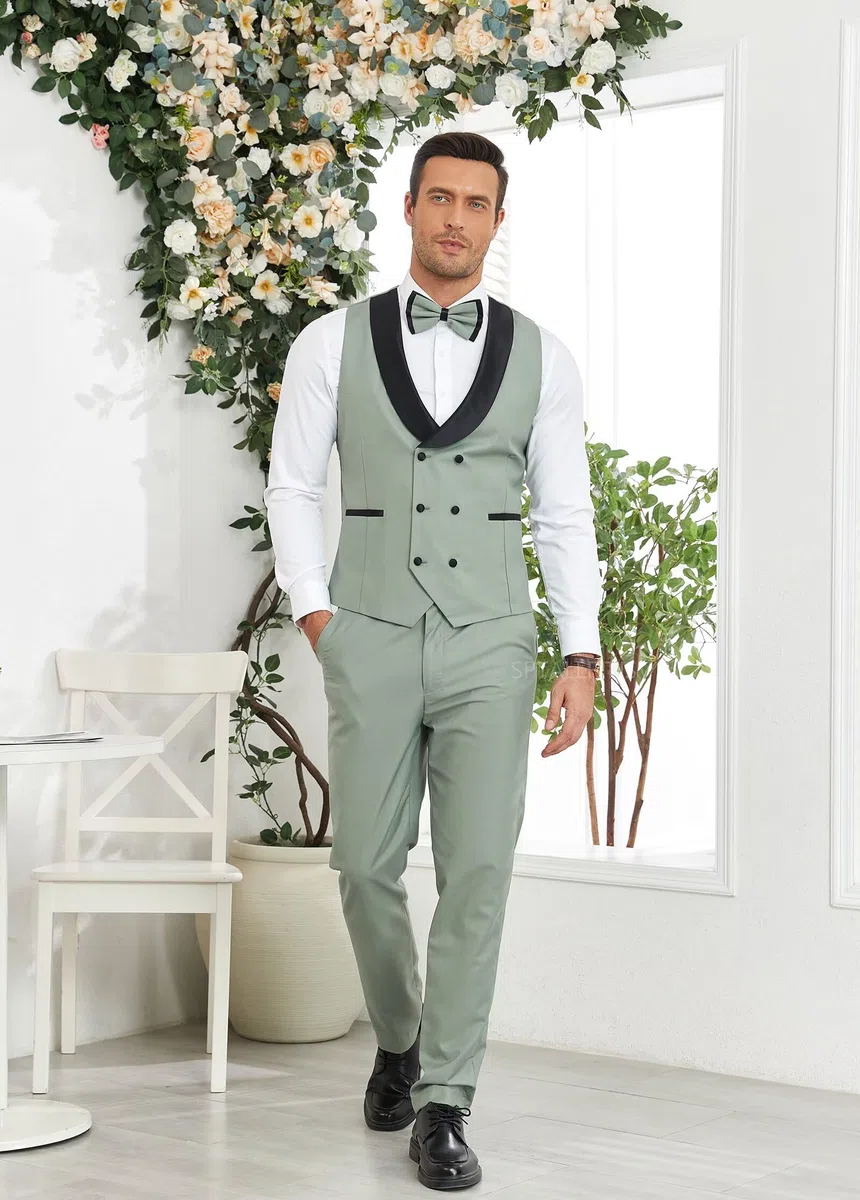 Smoking da uomo in 3 pezzi, vestibilità aderente, per matrimoni, balli, cene, doppiopetto, con papillon