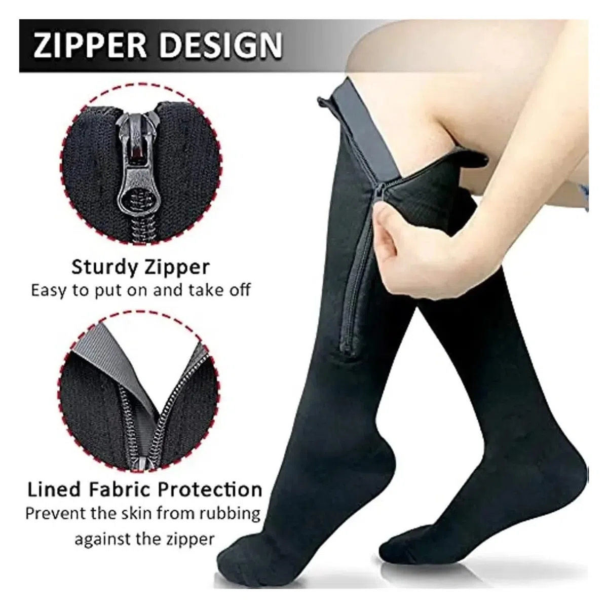 calze compressione 1 paio di calze a compressione con cerniera da donna e uomo, elastiche in nylon punta chiusa(Black,XXL)