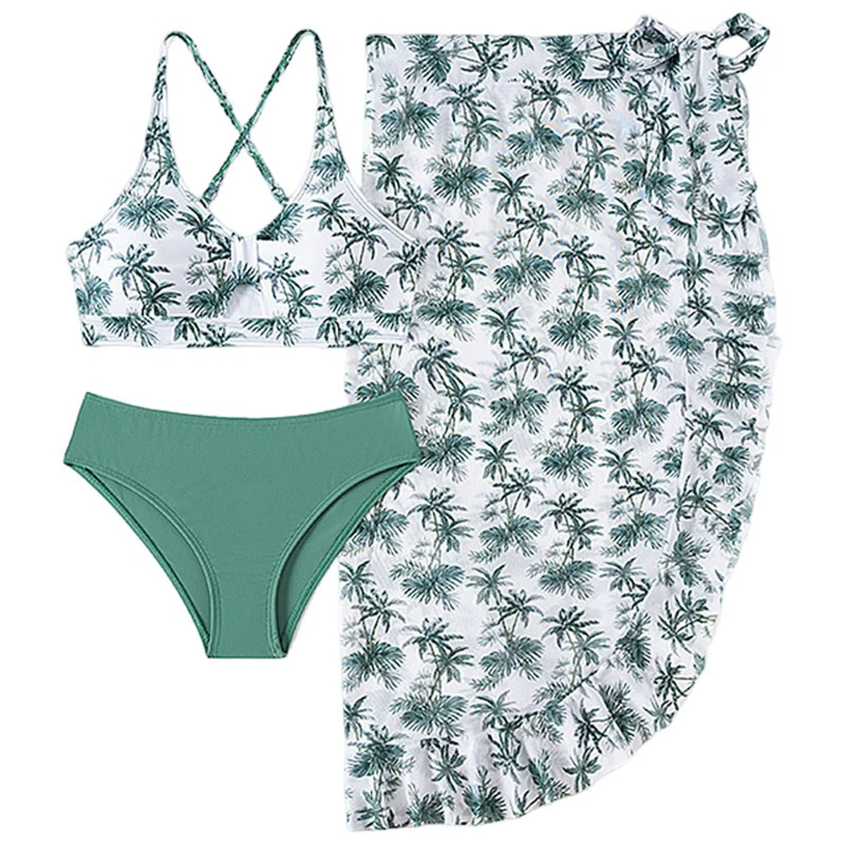 Generico Costumi da Bagno Ragazza Set da 3 Pezzi Bikini A Triangolo Top a Collo Appeso con Sarong Stampato e Slip Mare per Spiaggia Mare Nuoto Surf Vacanze Estive Piscina 12-16 Anni