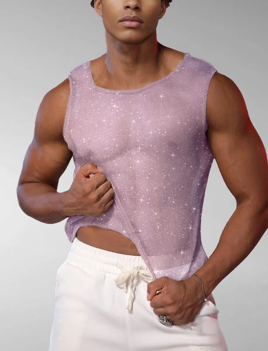 AIEOE Canottiera da uomo con brillantini, in rete trasparente, per la palestra, per il clubwear