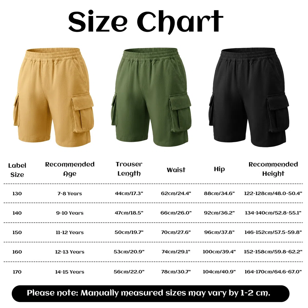 Pantaloncini Cargo Bambino, Ragazzo Estate Leggeri e Traspirante Pantaloni Cargo Corti con Vita Elasticizzata e Multiple Tasche Sportivi Casual Shorts per Ragazzi Bambini 7-15 Anni