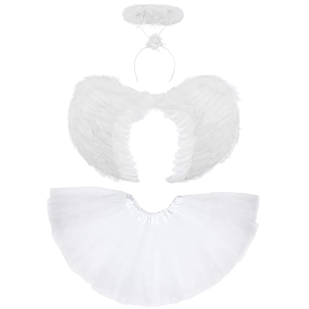 Set da 3 pezzi composto da ali d'angelo, aureola e tutù, di colore bianco, per costume da donna da angelo, fata e angelo caduto, per Halloween