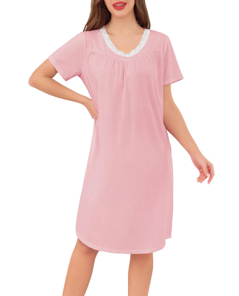 Sopesil Camicia da Notte Donna Cotone Maniche Corte Camicia da Notte Estiva in Pizzo con Scollo a V Vestaglia da Donna con Tasche Taglie S-XXL