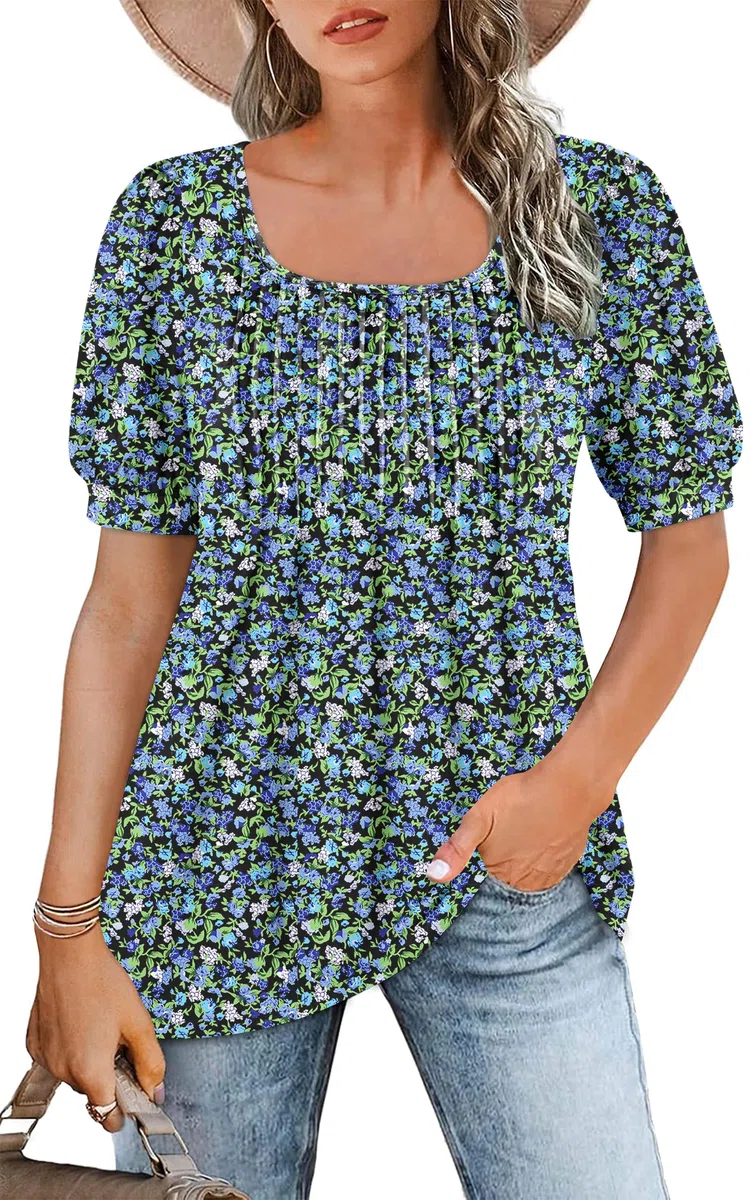 WNEEDU T Shirt Donna Collo Quadrato Magliette Donna Manica Corta a Sbuffo Estive Top Camicia Elegante Plissettata Fluide Tunica Blusa