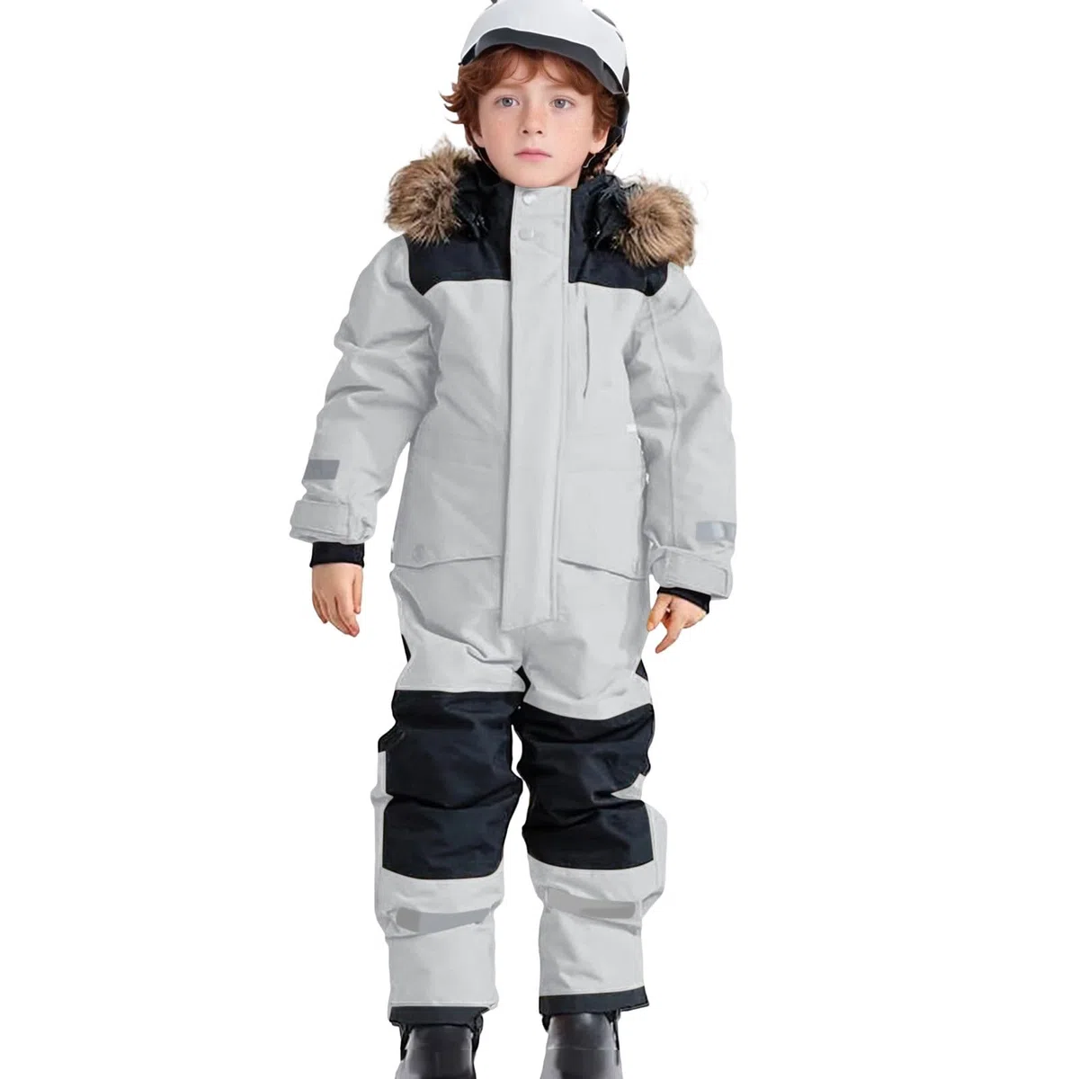 Tute da Neve Bambino e Ragazzi, Tute da Sci Bambine e Ragazze, Tuta da Neve di un Pezzo Bambini Invernale Outdoor Antivento Impermeabile e Traspirante Calda Tuta con (Light Gray, 12-13 Years)