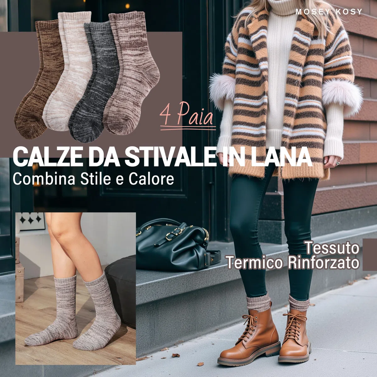 MOSEY KOSY 4 Paia Merino Wool Calze da Camminata Escursionismo Boot Termiche Extra Spesse Calde Inverno Comode Crew Morbide Imbottite Lavoro Donna Uomo