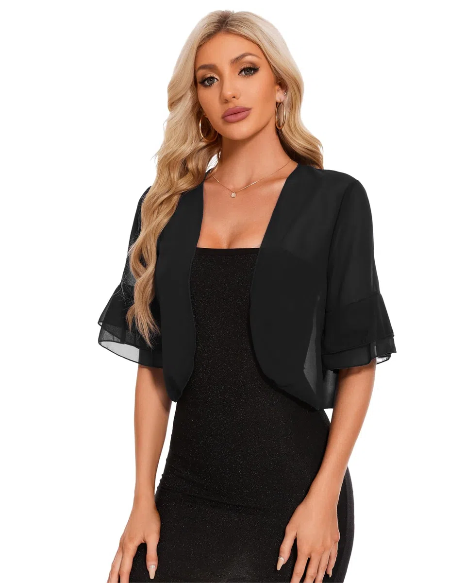 Coprispalle Donna Chiffon Bolero Elegante Estivo Corta Maniche per Abito da Sera Cardigan Corto Leggero Moda Giacca Corta Aperta Shrug Casual