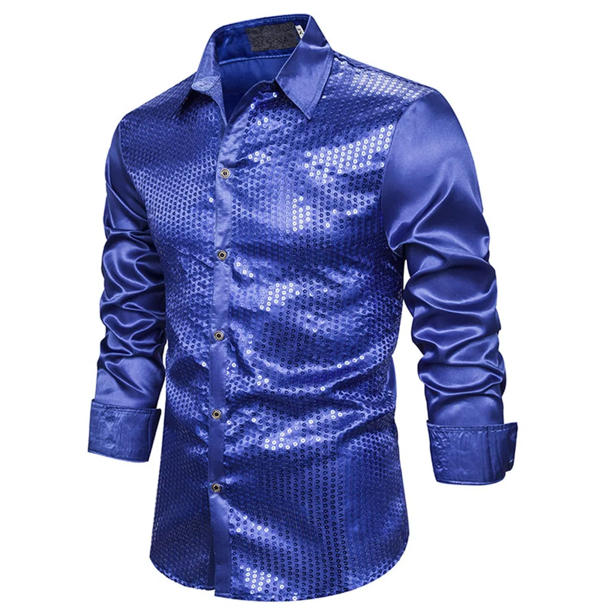 Generico Camicia Uomo Elegante con Paillettes in Seta Camicia Anni 70 con Maniche Lunghe Collo Botton-Down Camicie Hippie Eleganti Vintage Magliette da Danza per Feste,Carnevale e Capodanno