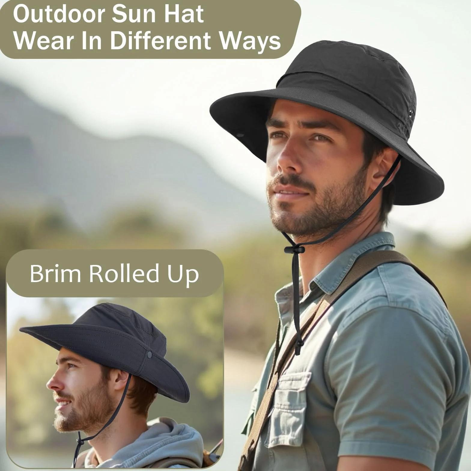 Cappello da Sole Uomo Boonie Estivo Pescatore Safari Cappello Anti UV Tesa Larga Mesh Traspirante Bucket Hat Impermeabile Leggero Pieghevole