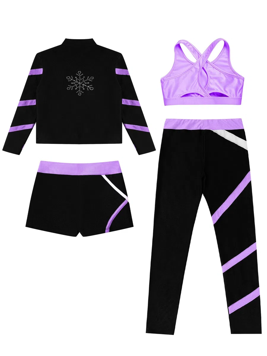 Tute da Pattinaggio in Pile Bambina Completo Invernale Termico Giacca + Reggiseno+ Pantaloni + Pantaloncini Abbigliamento da Pattinaggio su Ghiaccio Viola 11-12 anni