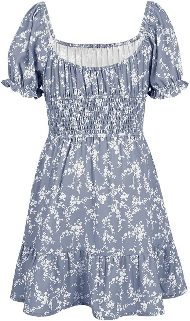 Haloumoning Vestito estivo da ragazza, a maniche corte, per bambini, con maniche a sbuffy, scollo quadrato, linea ad A, casual, per feste, matrimoni