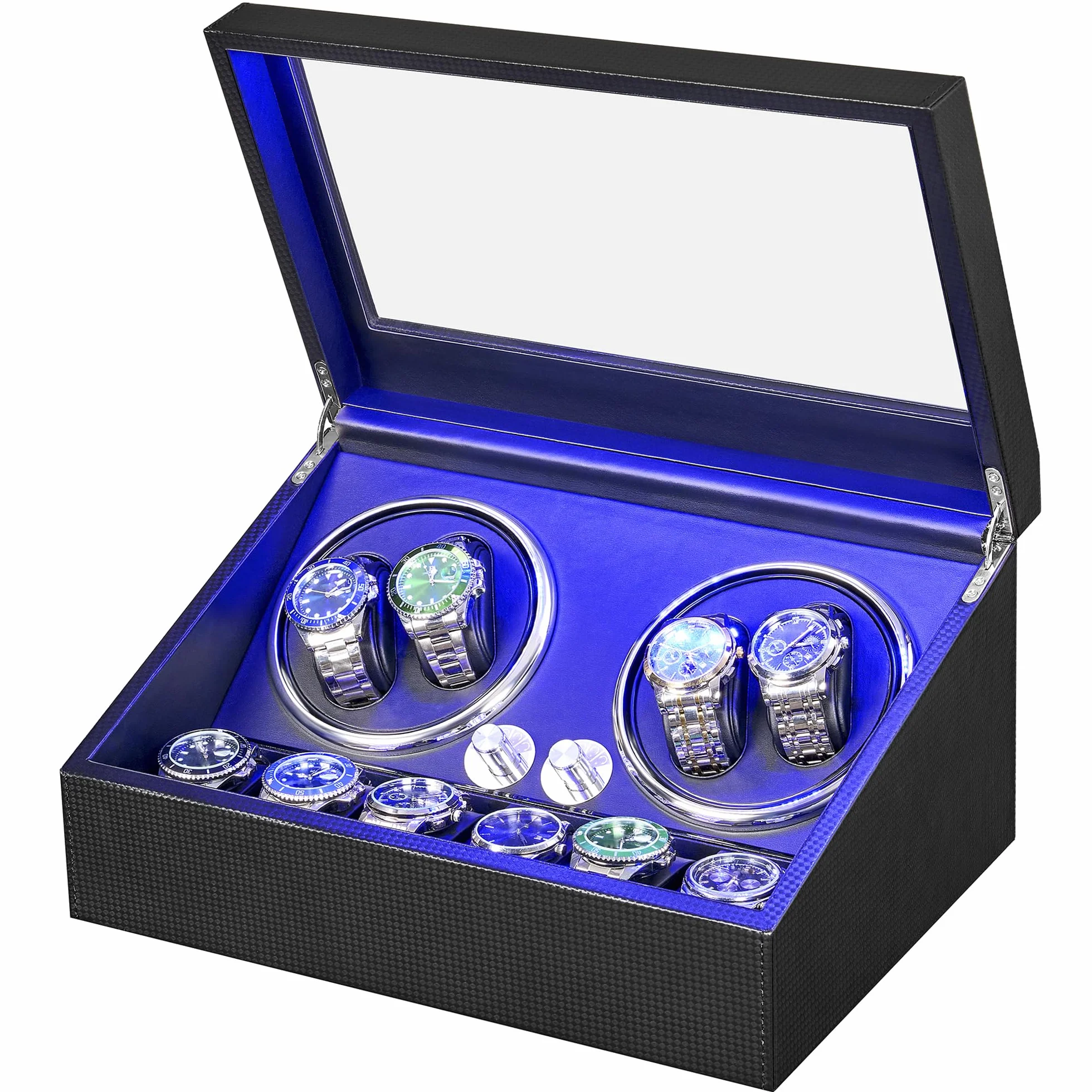 ANWBROAD JWW002F - Caricatore per orologi automatici, 4 modalità di rotazione, USB, 4 rotatori per orologi e 6 scomparti extra, con motore super silenzioso e retroilluminazione a LED, in fibra di
