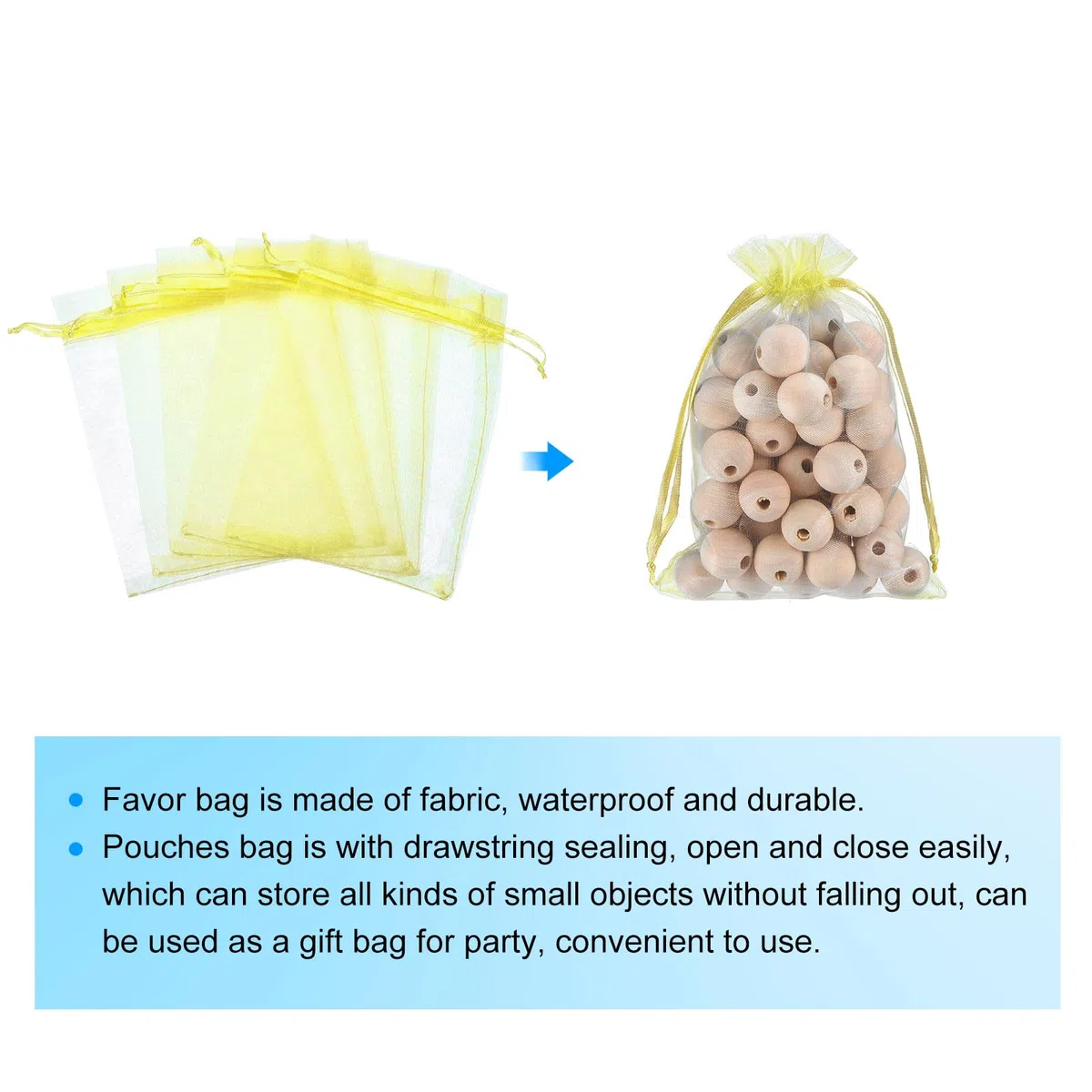 QUARKZMAN 100Pz Sacchetti Organza 5x7cm con Cordoncino, Buste Regalo Trasparente, Sacchettini Bomboniere Sacchetti per Gioielli per Regali, Matrimoni, Feste, Natale, Giallo