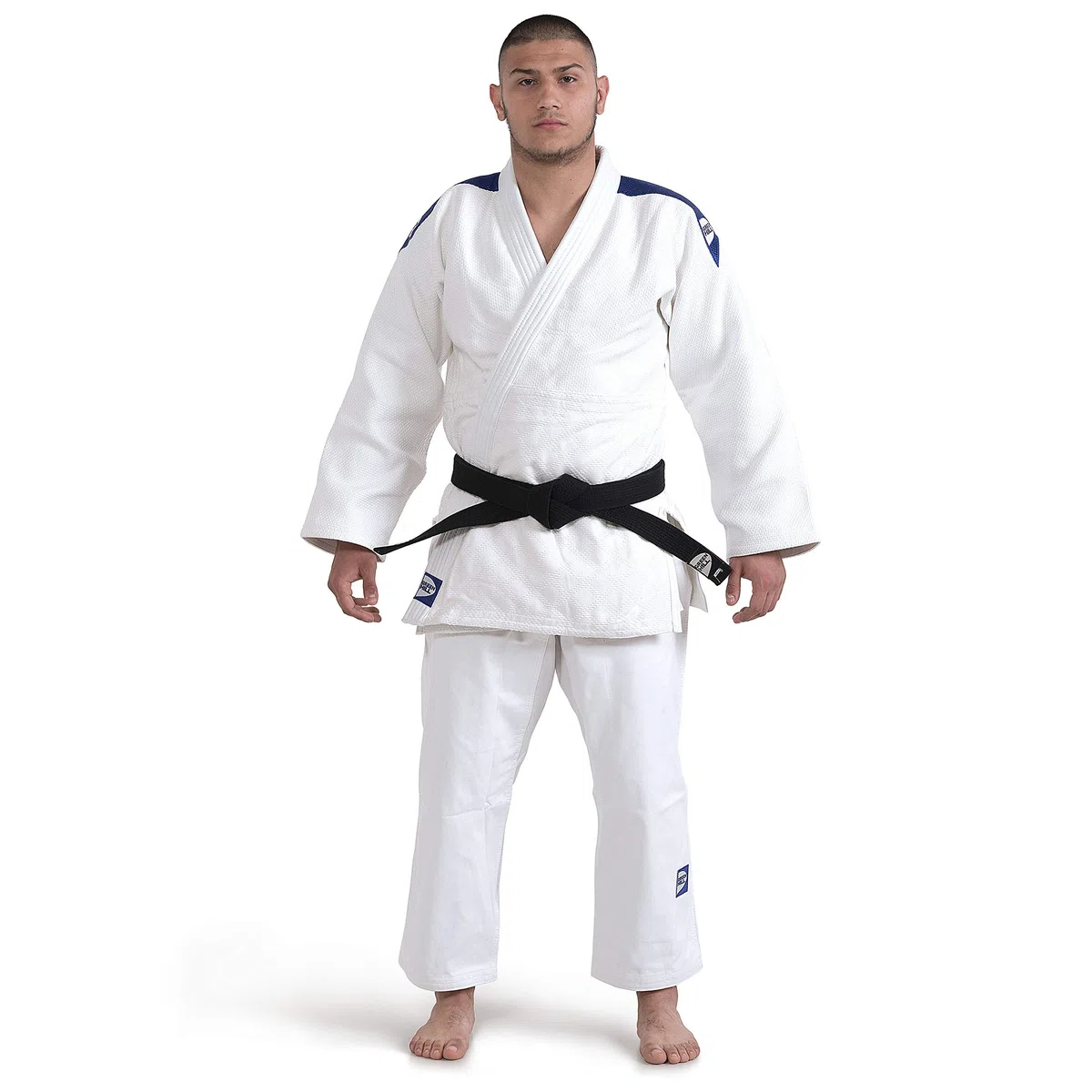 GREEN HILL JUDOGI Semi Competition Advanced 630g/m2 Judo GI Kimono Bianco Blu (150 Slimfit, Bianco Banda Blu)