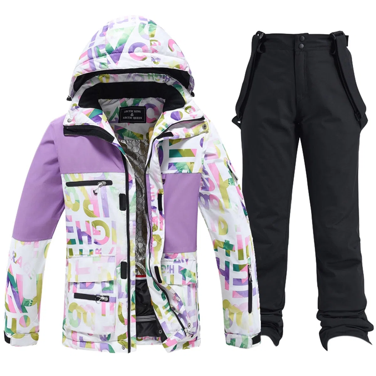 Tuta da sci per uomo e donna, set da 2 pezzi, tuta da neve, giacca da neve, traspirante, antivento, con cappuccio, per sci, snowboard
