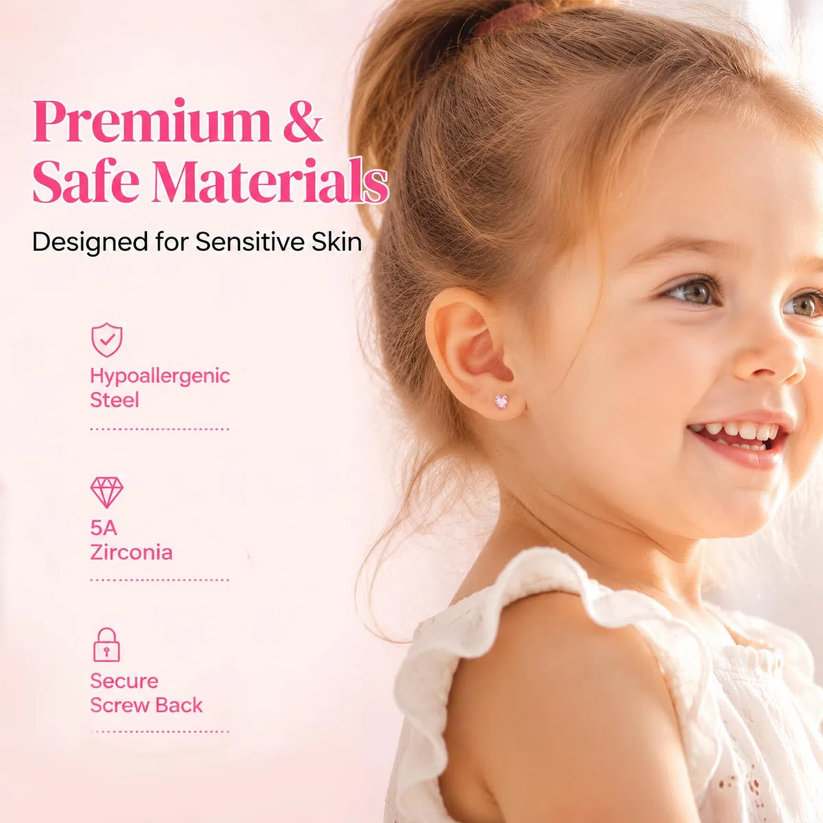 5 paia di orecchini per bambine, orecchini ipoallergenici per bambini neonati donne, leggeri in acciaio chirurgico fiocco rosa farfalla cuore fiore orecchini piatti